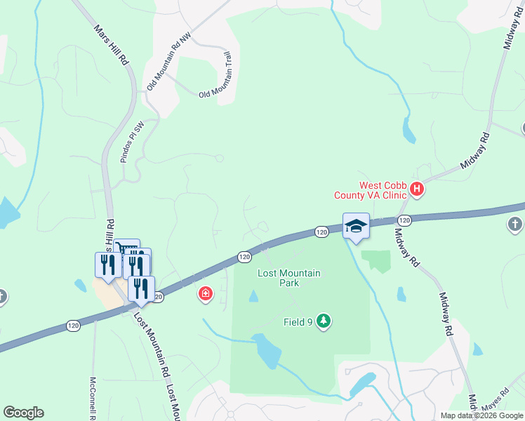map of restaurants, bars, coffee shops, grocery stores, and more near 340 Signature Circle in Powder Springs