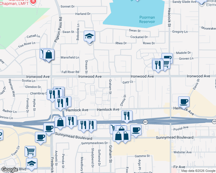map of restaurants, bars, coffee shops, grocery stores, and more near 12076 Racket Court in Moreno Valley