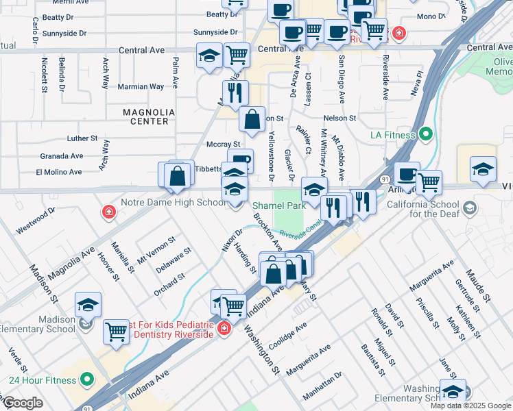 map of restaurants, bars, coffee shops, grocery stores, and more near 7050 Brockton Avenue in Riverside