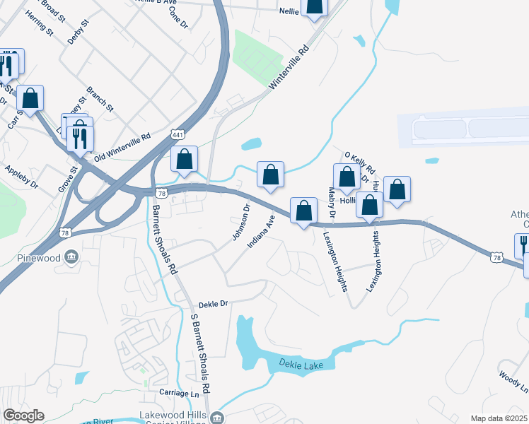 map of restaurants, bars, coffee shops, grocery stores, and more near 1802 Lexington Road in Athens