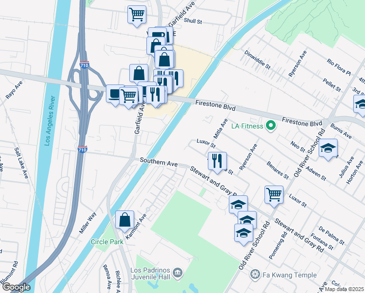 map of restaurants, bars, coffee shops, grocery stores, and more near 9301 Karmont Avenue in South Gate