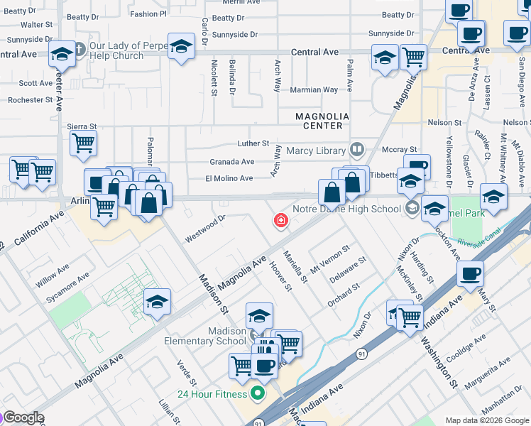 map of restaurants, bars, coffee shops, grocery stores, and more near 3855 Westwood Drive in Riverside