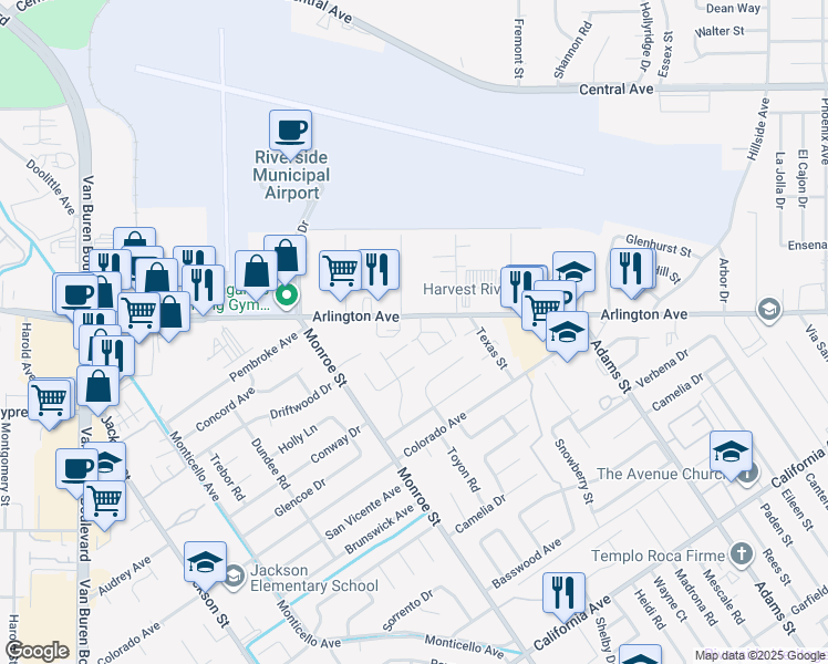 map of restaurants, bars, coffee shops, grocery stores, and more near 6556 Arlington Avenue in Riverside