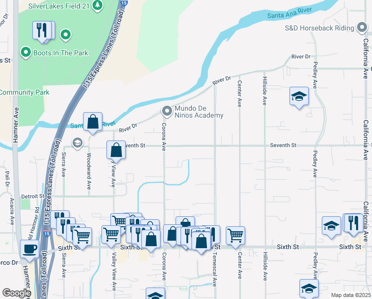 map of restaurants, bars, coffee shops, grocery stores, and more near 1014 7th Street in Norco