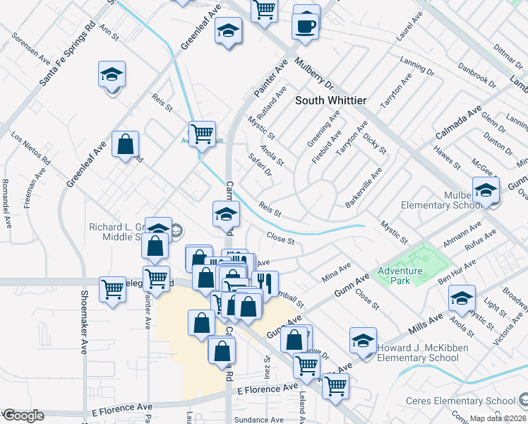 map of restaurants, bars, coffee shops, grocery stores, and more near 13414 Reis Street in Whittier