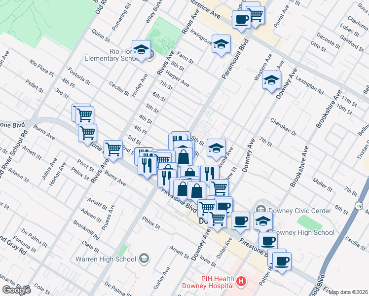 map of restaurants, bars, coffee shops, grocery stores, and more near 8018 4th Street in Downey
