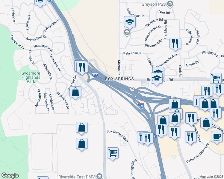 map of restaurants, bars, coffee shops, grocery stores, and more near 5700 Lochmoor Drive in Riverside