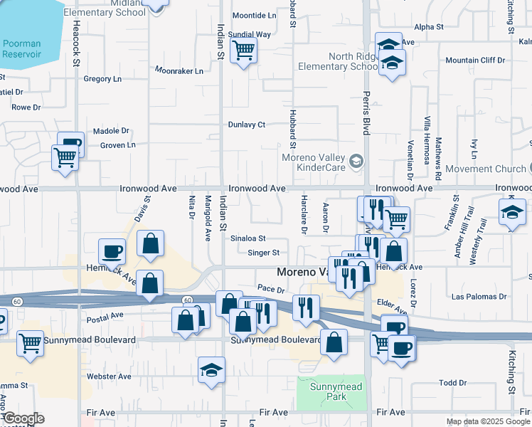 map of restaurants, bars, coffee shops, grocery stores, and more near 1207 Honeysuckle Court in Moreno Valley
