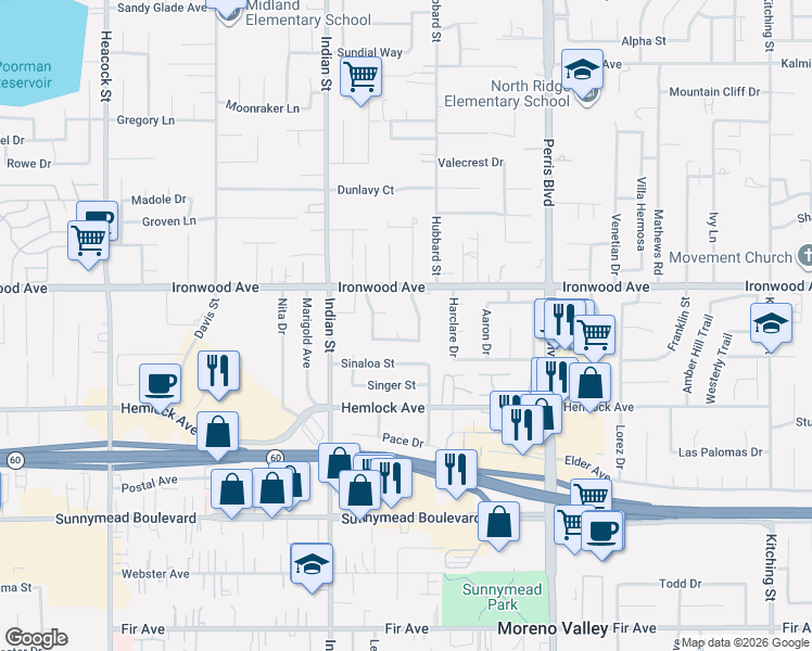 map of restaurants, bars, coffee shops, grocery stores, and more near 1207 Honeysuckle Court in Moreno Valley