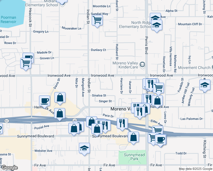 map of restaurants, bars, coffee shops, grocery stores, and more near 1207 Honeysuckle Court in Moreno Valley
