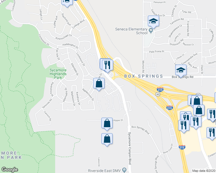 map of restaurants, bars, coffee shops, grocery stores, and more near 3401 Watkins Drive in Riverside