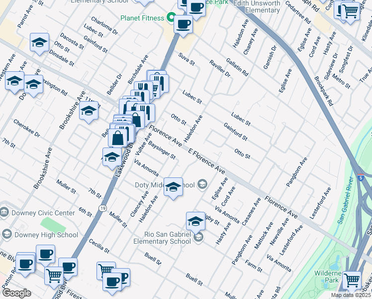 map of restaurants, bars, coffee shops, grocery stores, and more near 9200 Florence Avenue in Downey