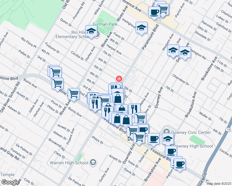map of restaurants, bars, coffee shops, grocery stores, and more near 8018 4th Street in Downey