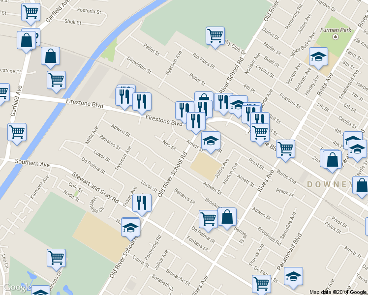 map of restaurants, bars, coffee shops, grocery stores, and more near 11524 Old River School Road in Downey