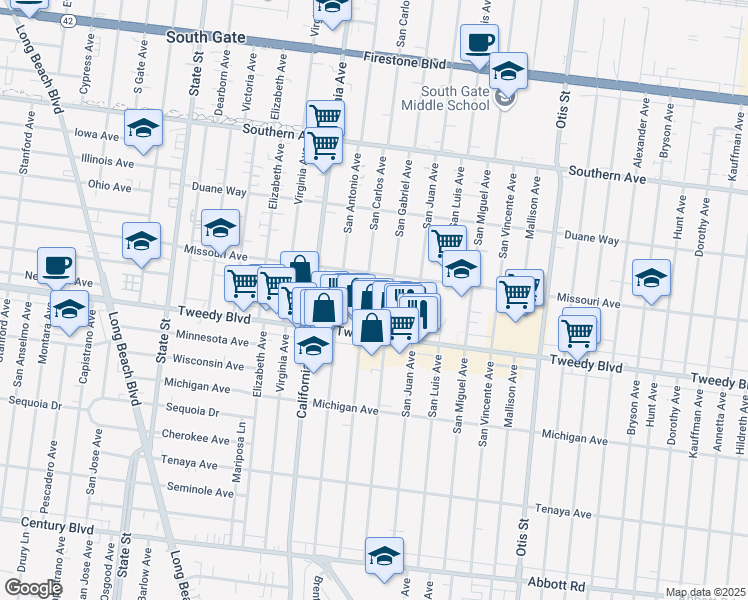 map of restaurants, bars, coffee shops, grocery stores, and more near 9817 San Gabriel Avenue in South Gate