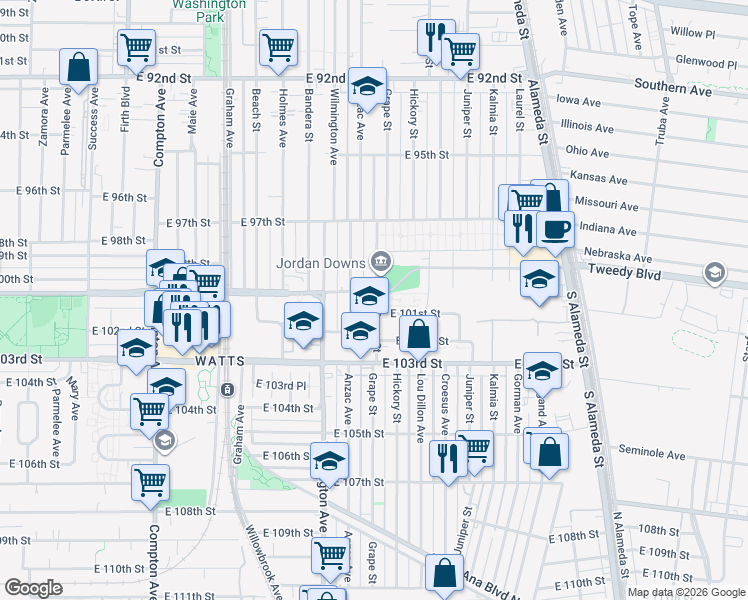 map of restaurants, bars, coffee shops, grocery stores, and more near 10022 Anzac Avenue in Los Angeles