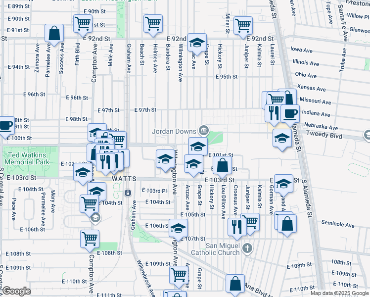 map of restaurants, bars, coffee shops, grocery stores, and more near 10022 Anzac Avenue in Los Angeles