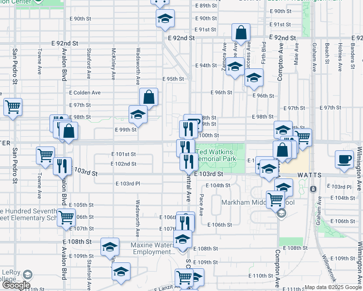 map of restaurants, bars, coffee shops, grocery stores, and more near 1125 East 101st Street in Los Angeles
