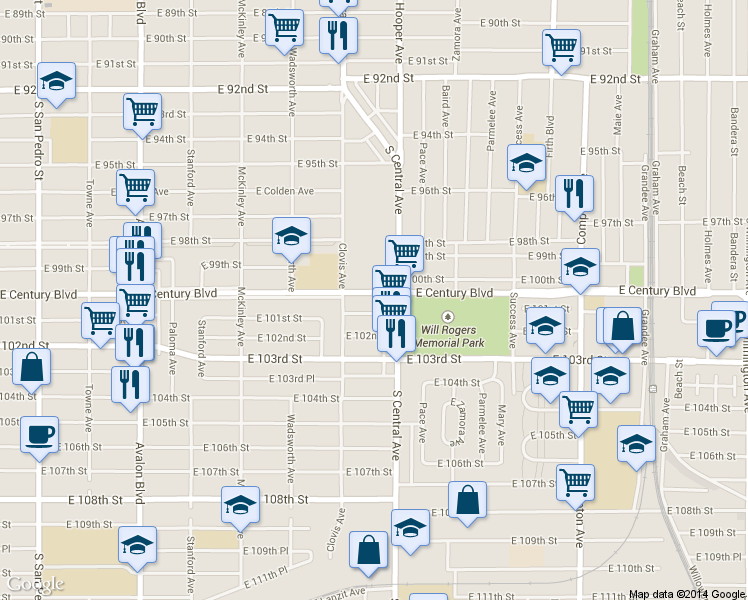 map of restaurants, bars, coffee shops, grocery stores, and more near 1125 East 101st Street in Los Angeles