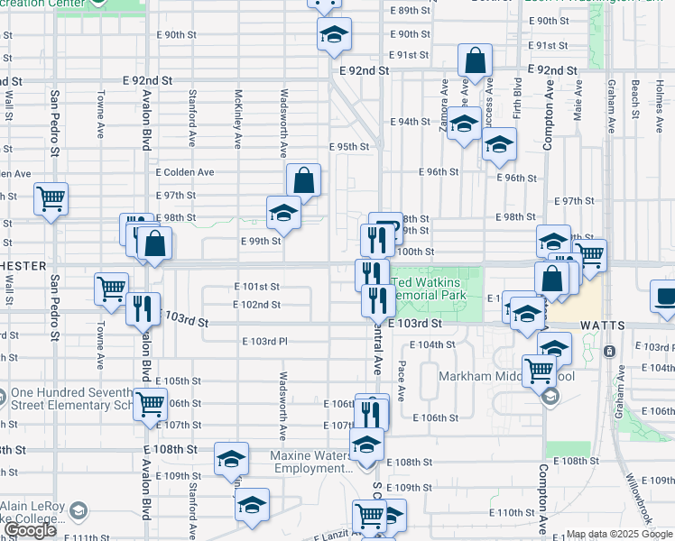 map of restaurants, bars, coffee shops, grocery stores, and more near 1125 East 101st Street in Los Angeles