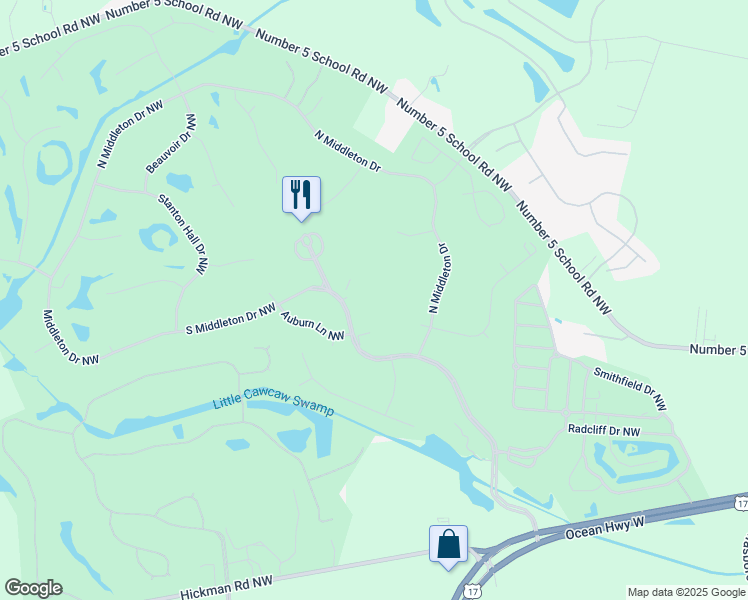 map of restaurants, bars, coffee shops, grocery stores, and more near 268 South Middleton Drive Northwest in Calabash