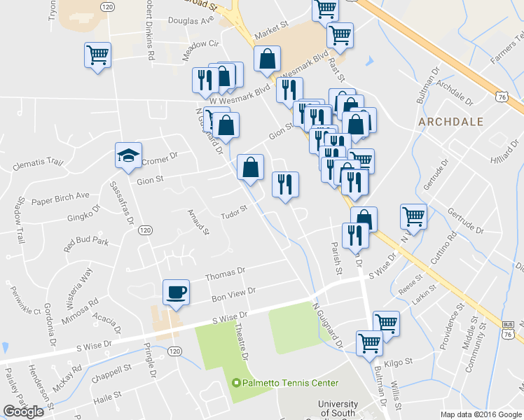 map of restaurants, bars, coffee shops, grocery stores, and more near 2010 Tudor Street in Sumter