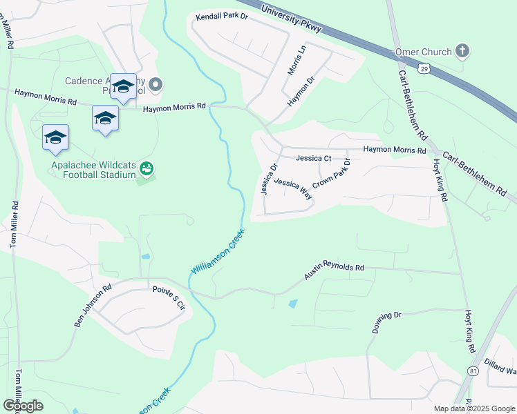 map of restaurants, bars, coffee shops, grocery stores, and more near Jessica Drive in Winder