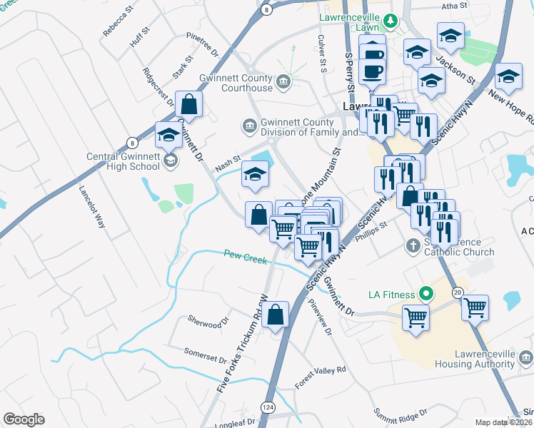 map of restaurants, bars, coffee shops, grocery stores, and more near 148 Harris Circle in Lawrenceville