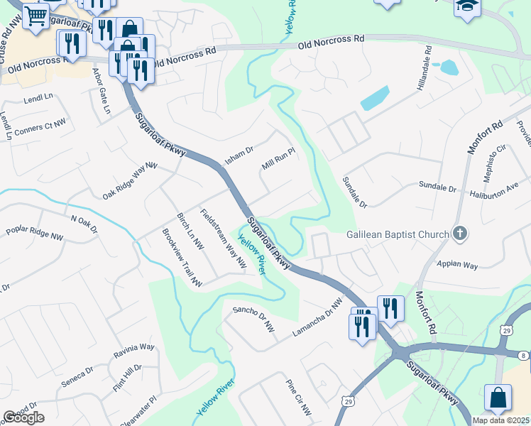 map of restaurants, bars, coffee shops, grocery stores, and more near 819 Sugarloaf Parkway in Lawrenceville