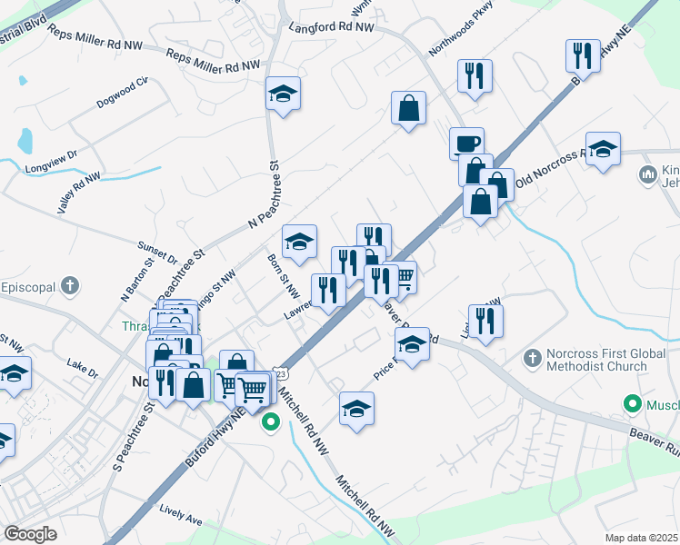 map of restaurants, bars, coffee shops, grocery stores, and more near 467 Lawrenceville Street Northwest in Norcross