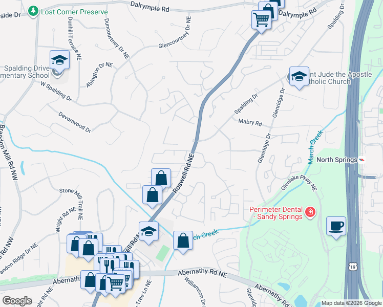map of restaurants, bars, coffee shops, grocery stores, and more near 6980 Roswell Road Northeast in Atlanta