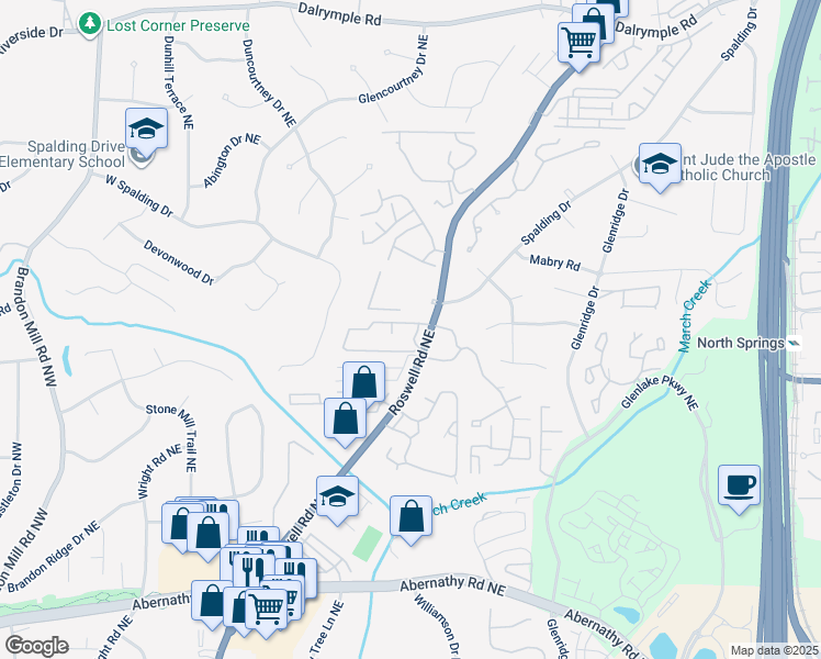 map of restaurants, bars, coffee shops, grocery stores, and more near 6980 Roswell Road in Sandy Springs