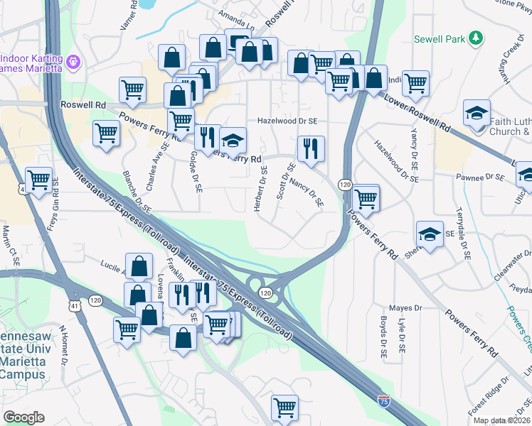 map of restaurants, bars, coffee shops, grocery stores, and more near 221 Herbert Drive Southeast in Marietta
