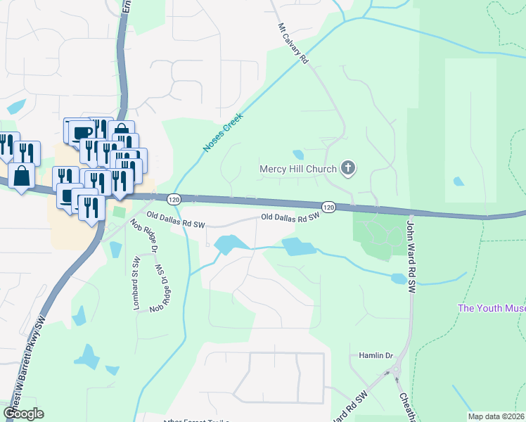 map of restaurants, bars, coffee shops, grocery stores, and more near 2125 Old Dallas Road Southwest in Marietta