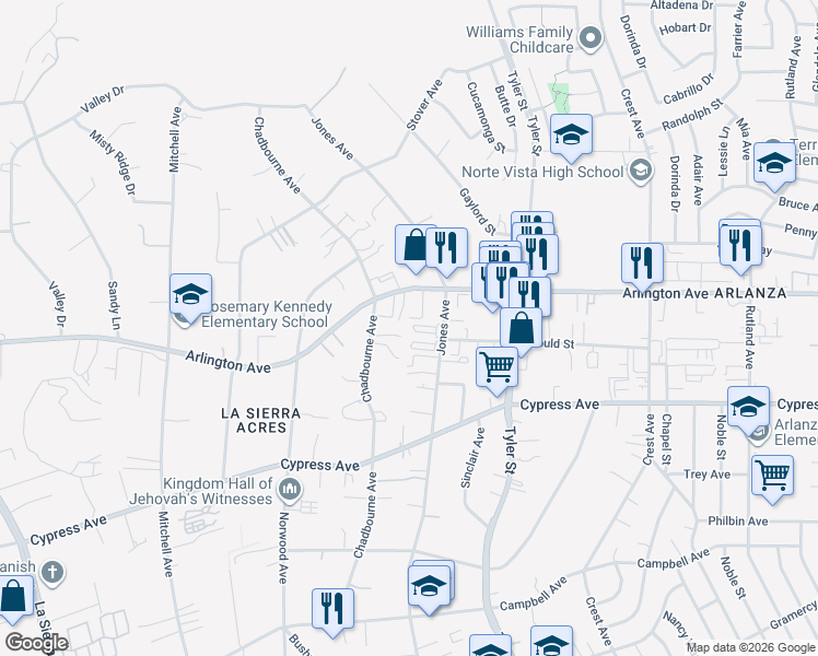 map of restaurants, bars, coffee shops, grocery stores, and more near 6288 Jones Avenue in Riverside