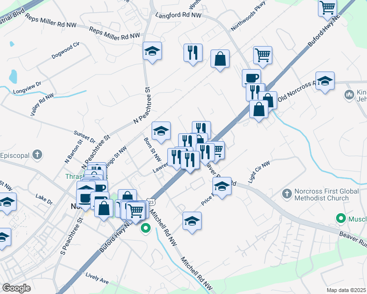 map of restaurants, bars, coffee shops, grocery stores, and more near 467 Lawrenceville Street Northwest in Norcross