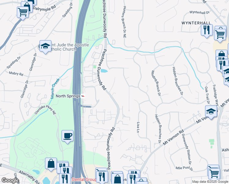 map of restaurants, bars, coffee shops, grocery stores, and more near 6919 Peachtree Dunwoody Road in Sandy Springs