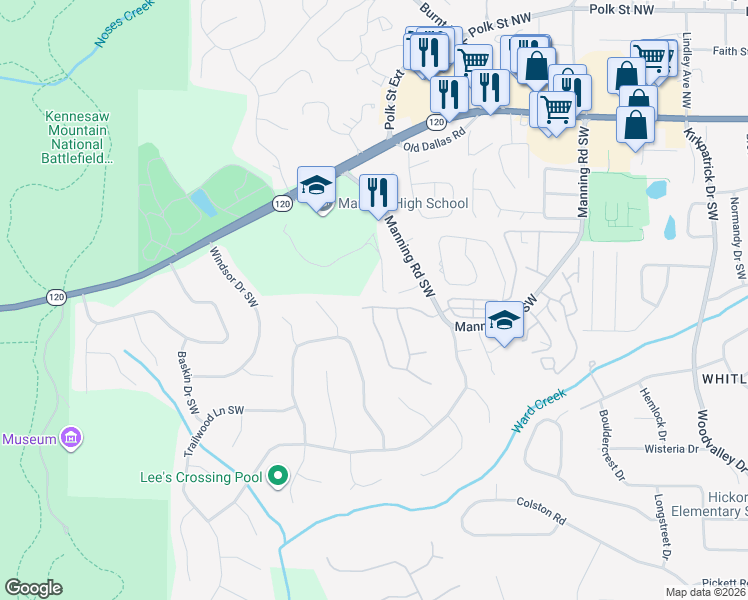 map of restaurants, bars, coffee shops, grocery stores, and more near 1086 Rockford Township Drive in Marietta
