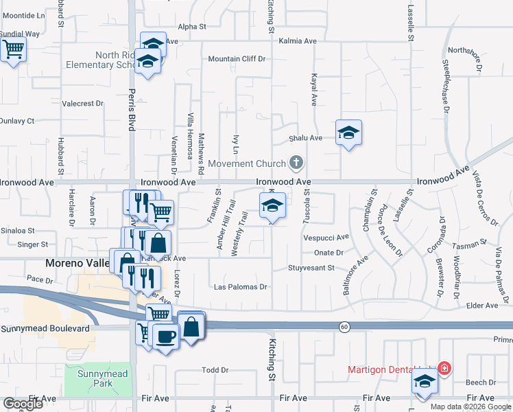 map of restaurants, bars, coffee shops, grocery stores, and more near 25454 Lone Mesa Trail in Moreno Valley