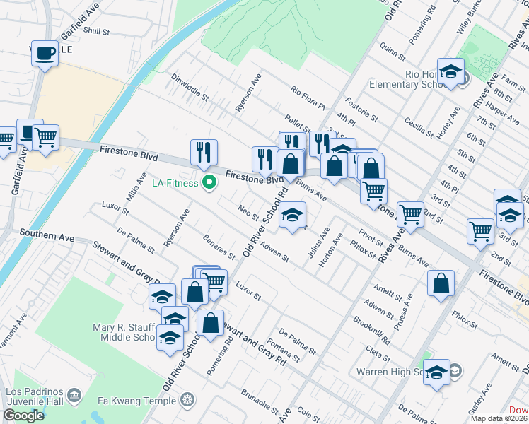 map of restaurants, bars, coffee shops, grocery stores, and more near 11524 Old River School Road in Downey