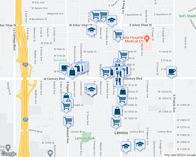 map of restaurants, bars, coffee shops, grocery stores, and more near 4559 West Century Boulevard in Inglewood