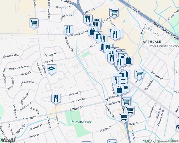 map of restaurants, bars, coffee shops, grocery stores, and more near 1991 Coral Way in Sumter