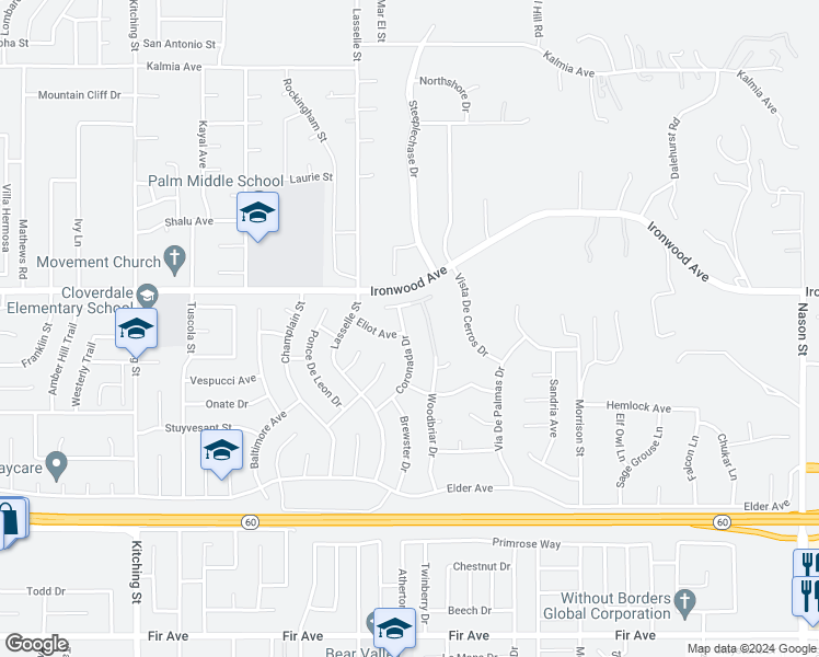 map of restaurants, bars, coffee shops, grocery stores, and more near 26157 Coronada Drive in Moreno Valley