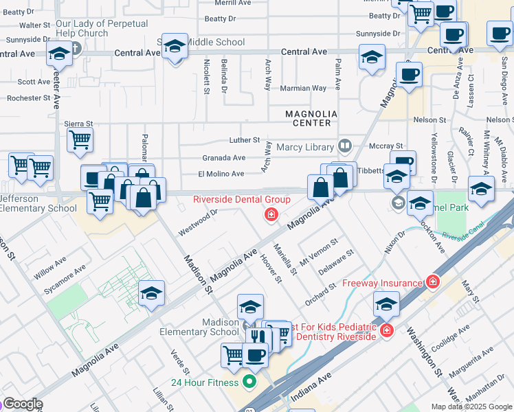 map of restaurants, bars, coffee shops, grocery stores, and more near 3870 El Hijo Street in Riverside