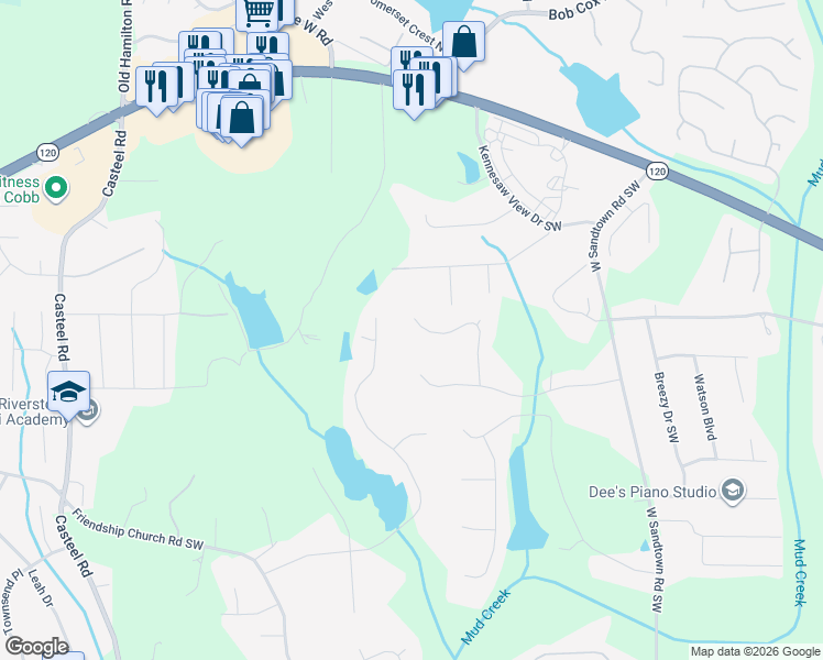 map of restaurants, bars, coffee shops, grocery stores, and more near 310 Flatstone Way in Marietta