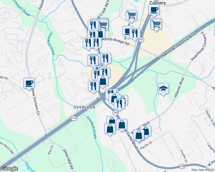 map of restaurants, bars, coffee shops, grocery stores, and more near 3202 Hidden Cove Circle Northwest in Norcross