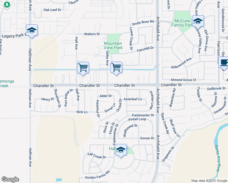 map of restaurants, bars, coffee shops, grocery stores, and more near 7831 Orchid Drive in Eastvale