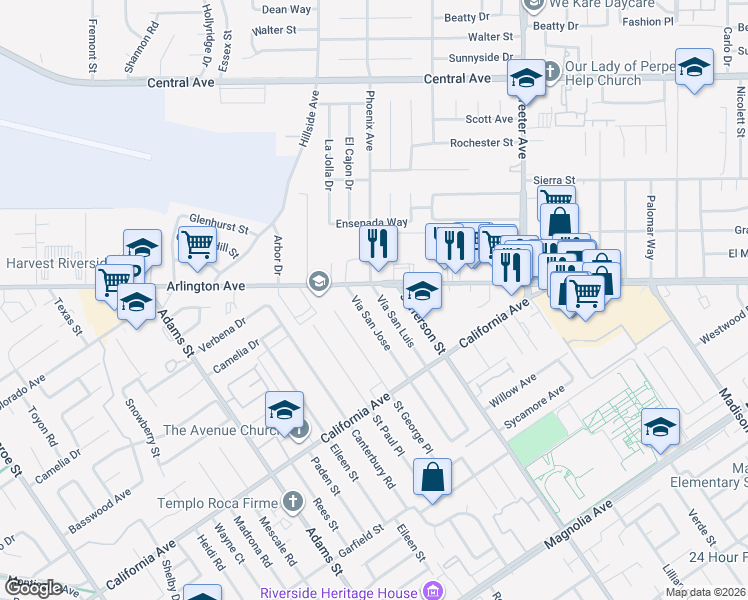 map of restaurants, bars, coffee shops, grocery stores, and more near 4364 Vía San Luis in Riverside