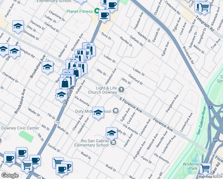 map of restaurants, bars, coffee shops, grocery stores, and more near 9201 Florence Avenue in Downey