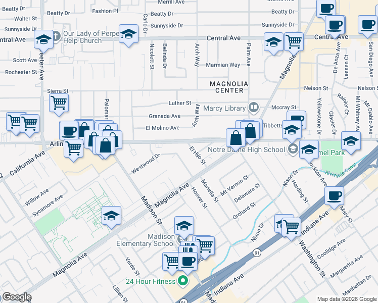 map of restaurants, bars, coffee shops, grocery stores, and more near 3870 El Hijo Street in Riverside